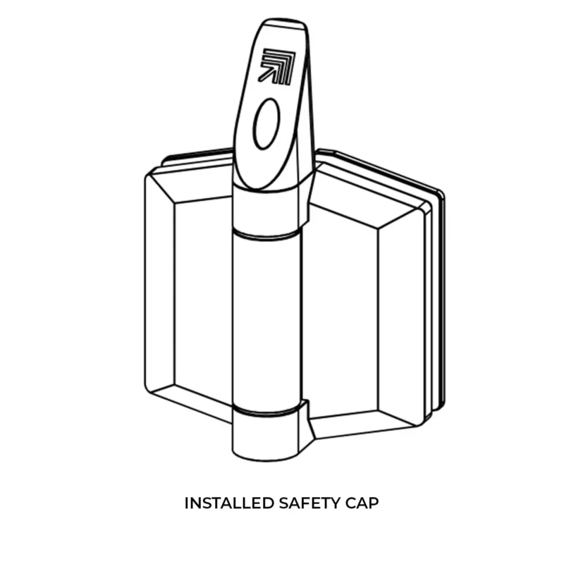 Technical drawing of the Polaris Series 155 glass clamp with an installed safety cap, showing detailed specifications and dimensions for secure and safe installation in balustrade systems.