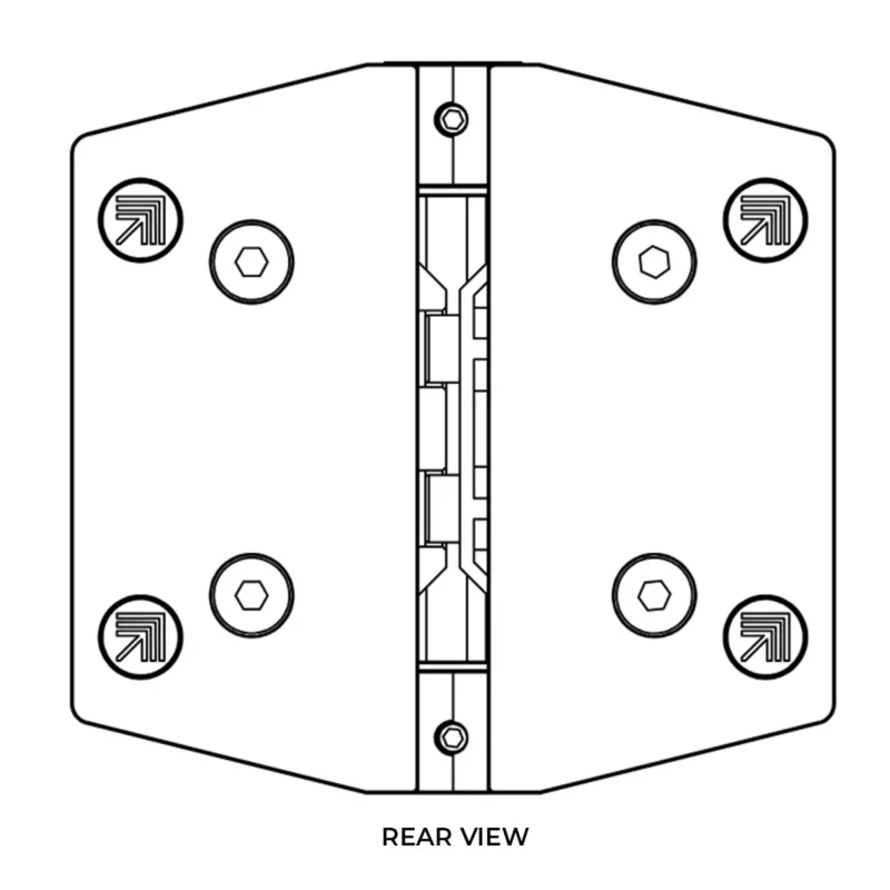 Technical drawing of the Polaris Series 155 glass clamp, rear view, displaying detailed dimensions and mounting specifications for secure installation in balustrade systems.