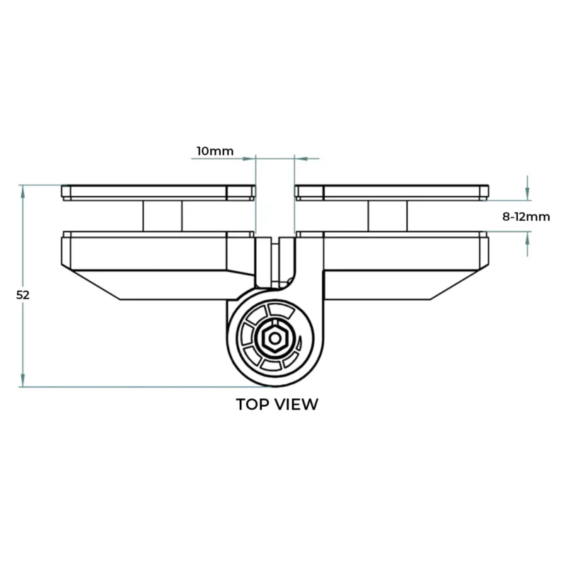 Technical drawing of the Polaris Series 155 glass clamp, top view, detailing dimensions and specifications for precise installation in balustrade systems.”