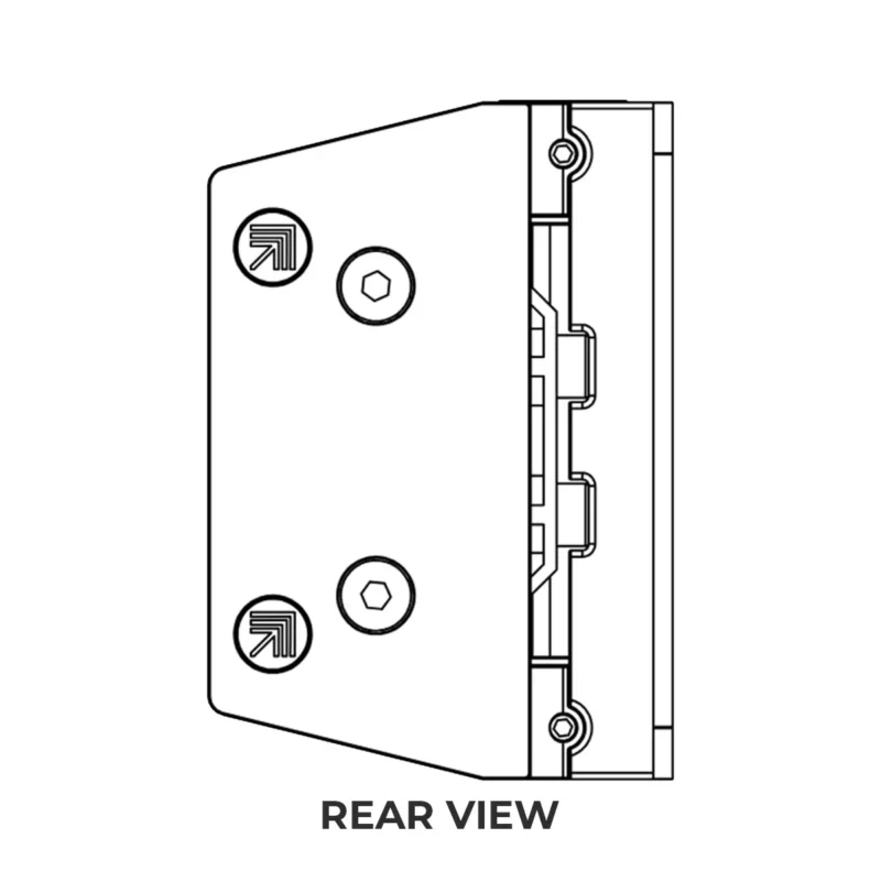 Rear view technical drawing of the Polaris Series 155 glass clamp, illustrating its mounting design and secure fixture points for use in balustrade systems.