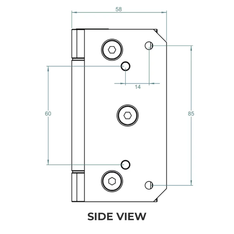 Side view technical drawing of the Polaris Series 155 glass clamp, showcasing its profile and secure design for holding glass panels in balustrade systems.