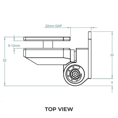 Technical drawing top view of Polaris Series 155 glass clamp, highlighting its sleek design and secure grip for glass panel installation in balustrade systems.