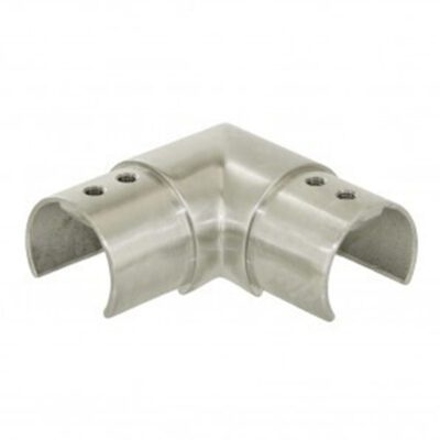 Image of a 42.4mm stainless steel corner fitting for handrail or balustrade systems, showcasing its design for secure and aesthetic corner connections in construction projects.