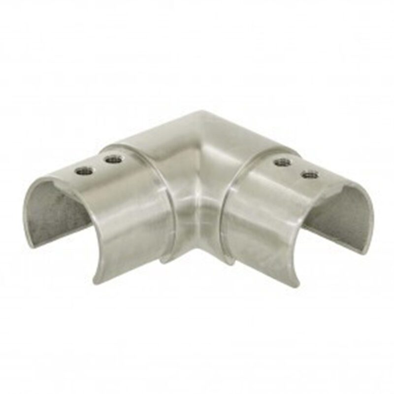 Image of a 42.4mm stainless steel corner fitting for handrail or balustrade systems, showcasing its design for secure and aesthetic corner connections in construction projects.