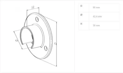 Technical drawing of a 42.4mm wall plate, illustrating detailed dimensions and specifications for precise installation of handrails or balustrades in construction projects.