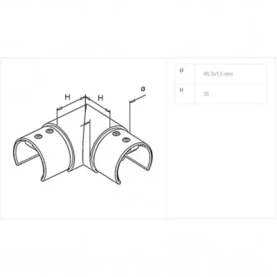 Technical drawing of a 48.3mm stainless steel corner fitting for handrail or balustrade systems, showcasing its design for secure and aesthetic corner connections in construction projects.
