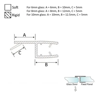 technical drawing of 180 degree translucent glass to glass closure seal showing required glass reductions and product details.