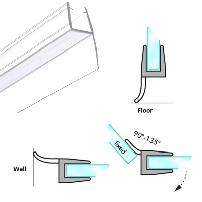 Transparent glass to wall seals with technical details showing glass requirements.