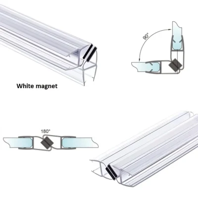 Glass to glass magnetic seals with technical details showing 90 degree and 180 degree positioning.