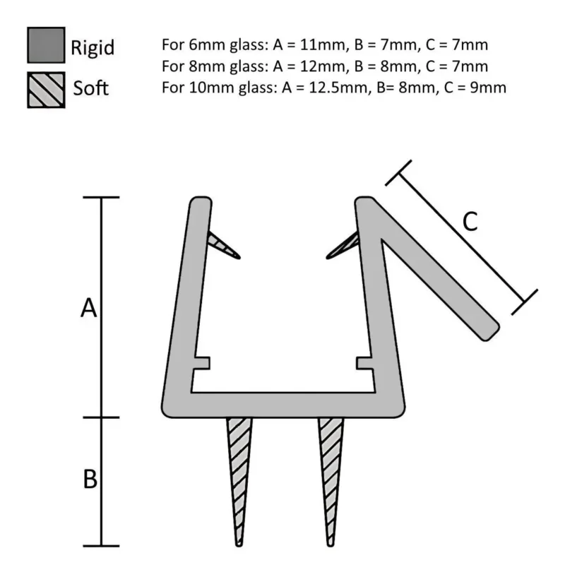 Technical drawing of translucent glass to floor seal showing required glass reduction details.